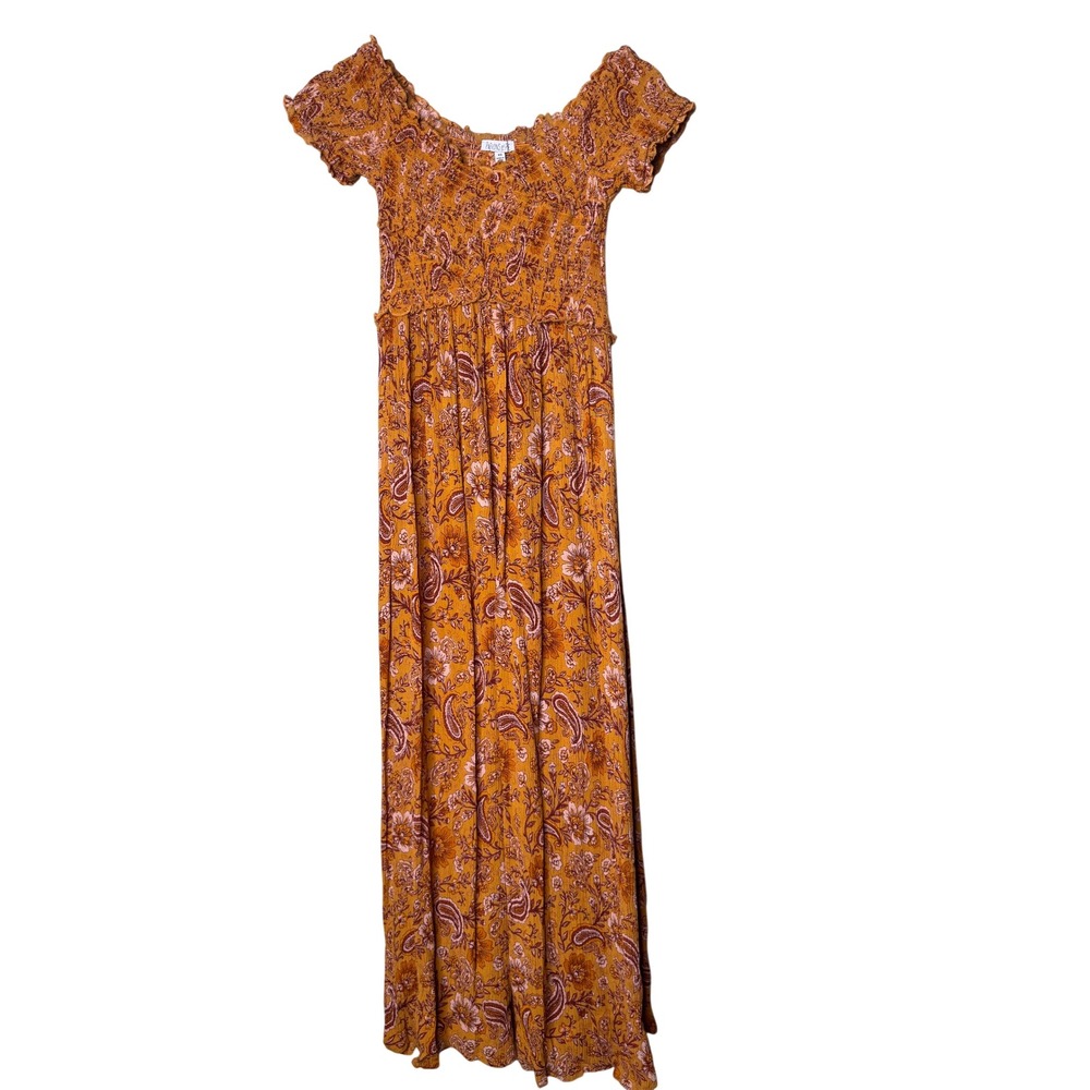 Patrons of Peace Mustard Paisley Smocked Maxi Dress Off Shoulder Boho Rayon XS